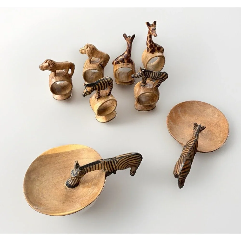 Vtg African Safari Hand Carved Wood Napkin Rings Zebra Bowls Set Animal Folk Art